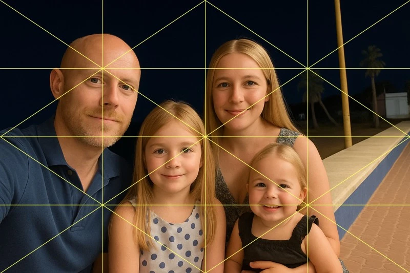 Family photo with a drawing grid overlay