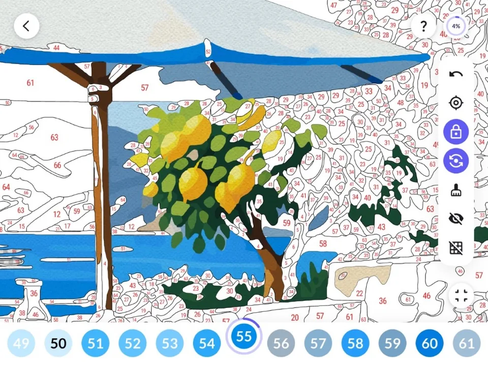 レモンの木の数字塗り絵を塗っているMimi Colorアプリ