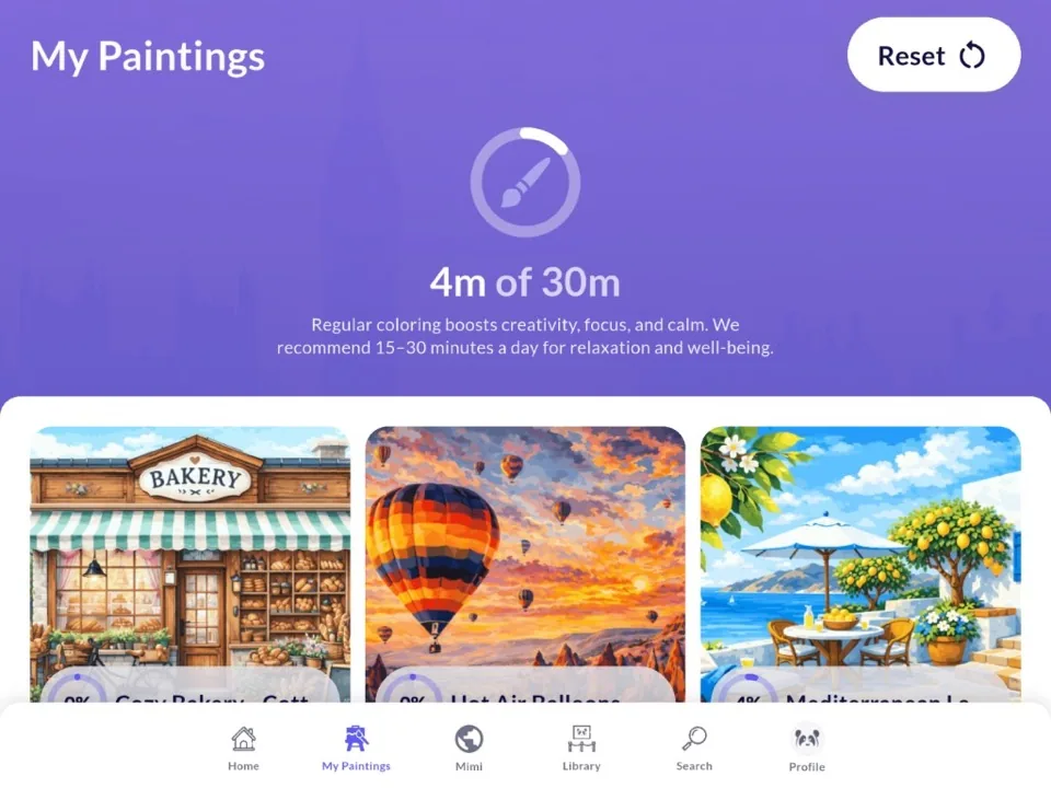 1日の塗り目標が表示されたMimi Colorのマイ作品画面
