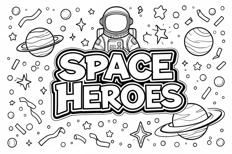 Página para colorir com nome – visual prévio da fonte graffiti e tema do espaço