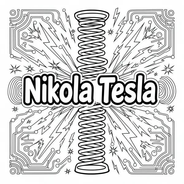Exemplo de página de colorir com nome – Nikola Tesla Cientista