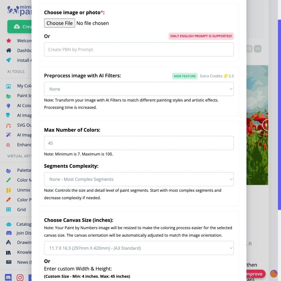 Capture d'écran des options et fonctionnalités du convertisseur de Peinture par Numéros