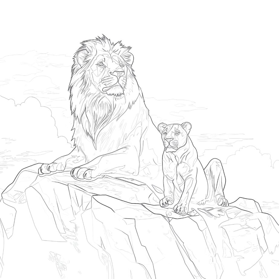 Lions on the rock coloring page