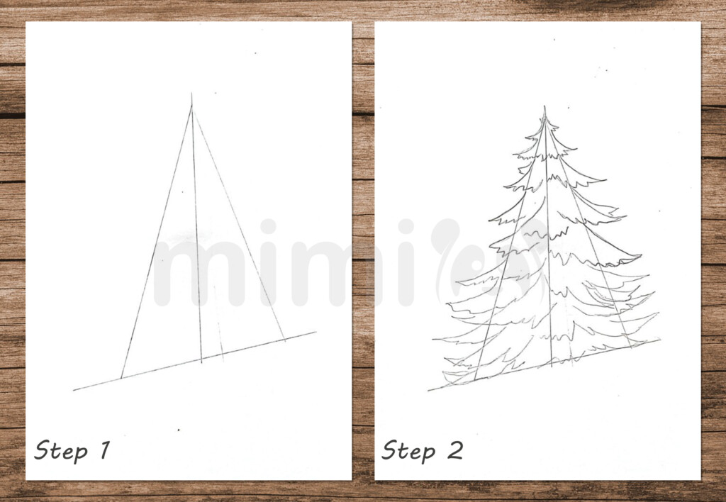 collage realistic christmas tree step 1 and 2