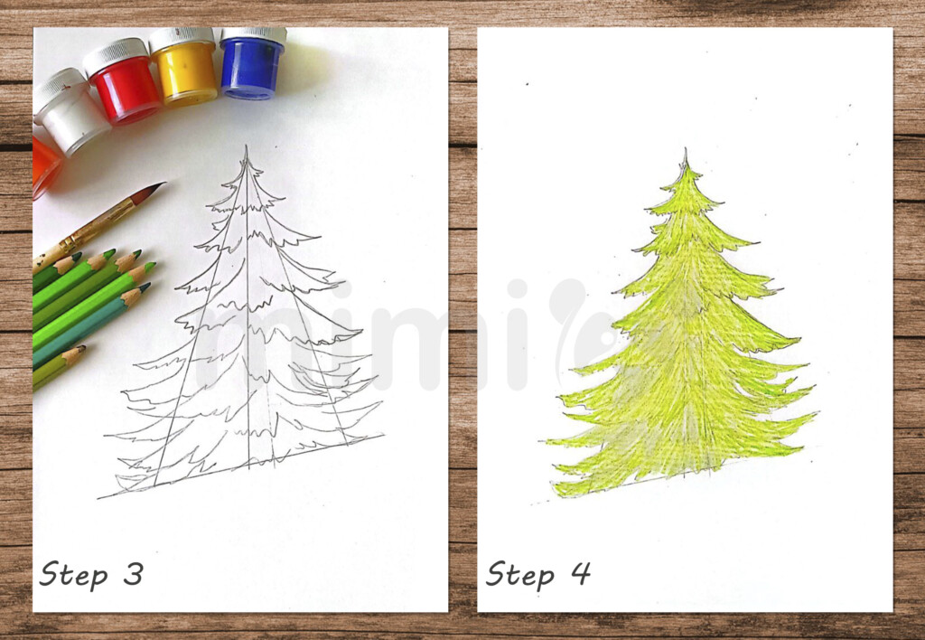 collage realistic christmas tree step 3 and 4