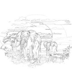 Elephants in savanna - Printable Coloring page