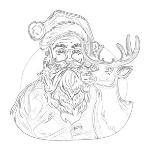 Santa And Deer Coloring Page