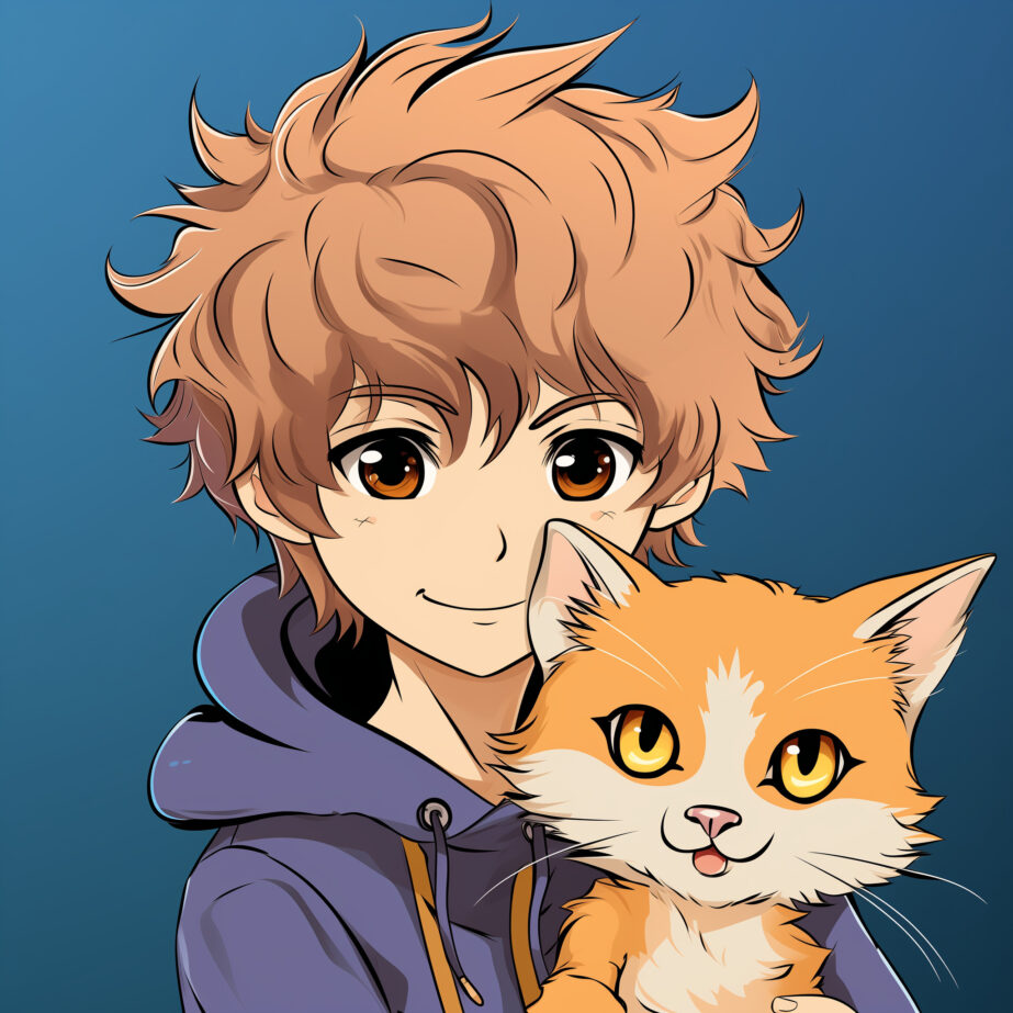 Anime Boy and Cat Coloring Page 2