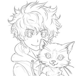 Anime Boy and Cat - Printable Coloring page
