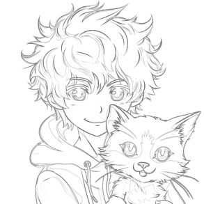 Anime Boy and Cat Coloring Page