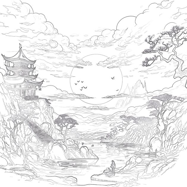 Online Coloring Anime Landscape - Anime Landscape Coloring Page 630x630 