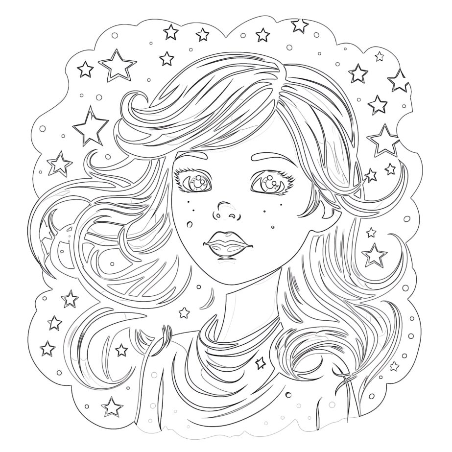 Girl With Stars Coloring Page