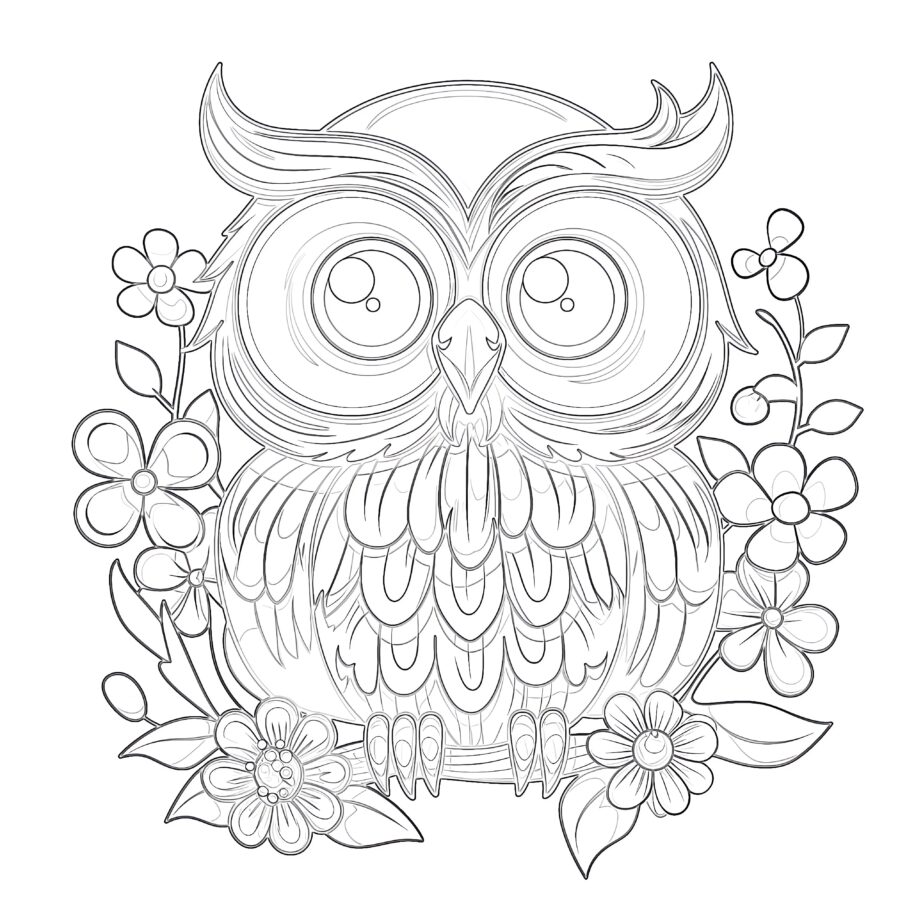 Owl With Flowers Coloring Page