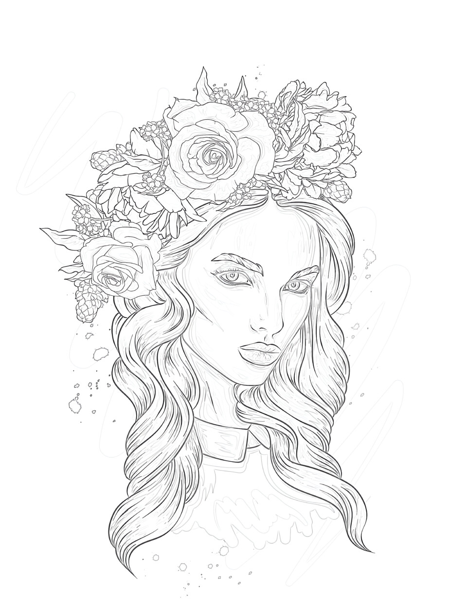 Girl with Pink Flowers coloring page - Mimi Panda