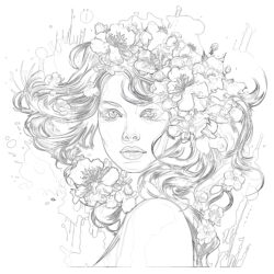 Girl With Pink Flowers - Printable Coloring page