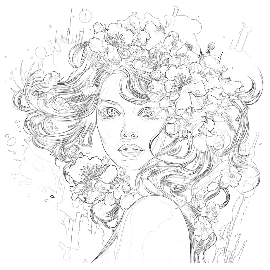 Girl With Pink Flowers Coloring Page