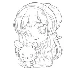 Anime Girl With Toy Rabbit - Printable Coloring page