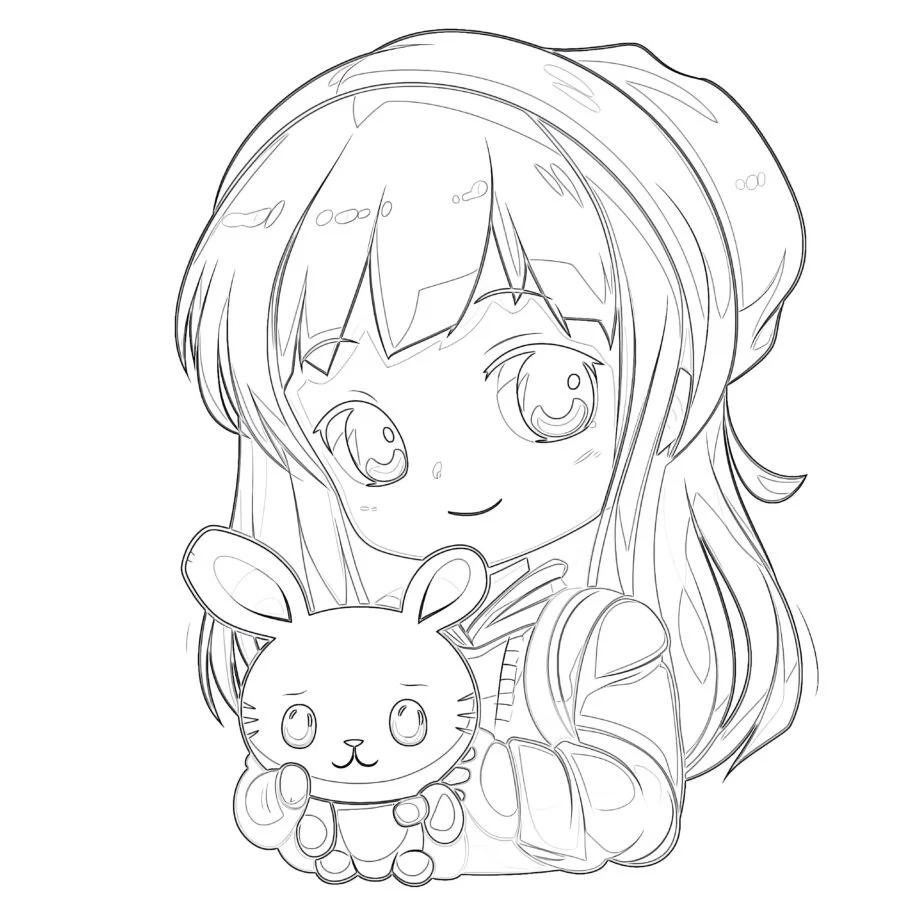 Anime Girl With Toy Rabbit Coloring Page