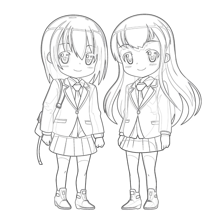 Anime Girls Wearing Japanese School Uniform Coloring Page