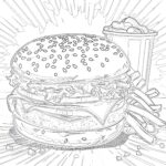 Burger And French Fries In Retro Cartoon Style Coloring Page