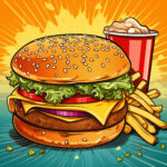 Burger And French Fries In Retro Cartoon Style Coloring Page 2