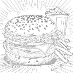 Burger And French Fries In Retro Cartoon Style - Printable Coloring page