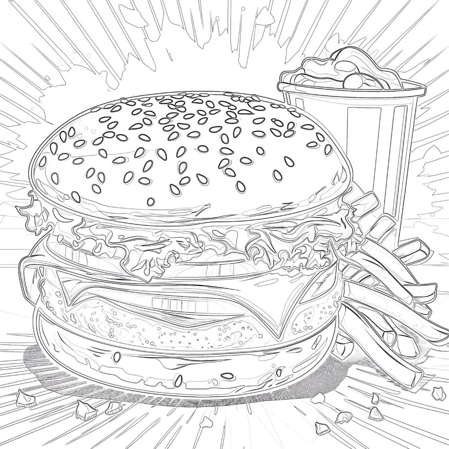 Burger And French Fries In Retro Cartoon Style Coloring Page