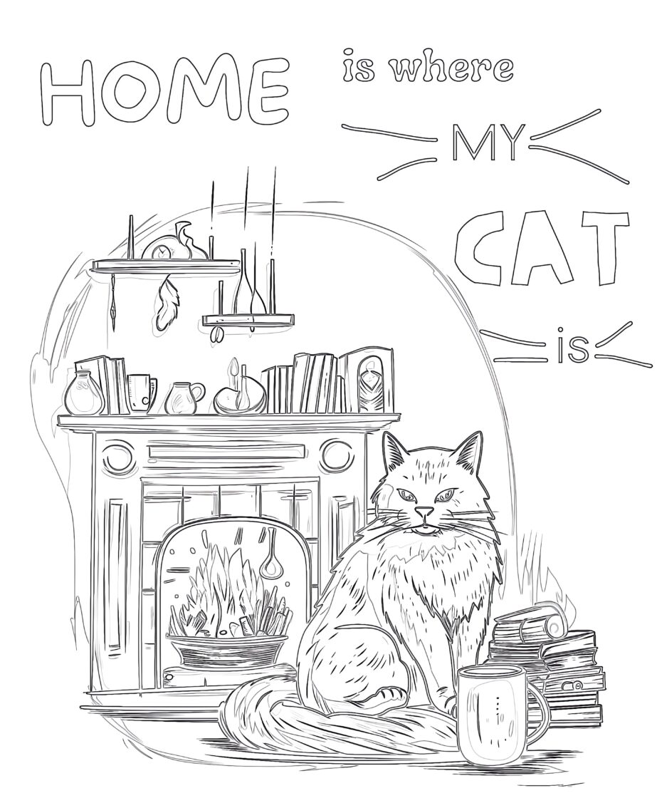 Cat at Home Coloring Page