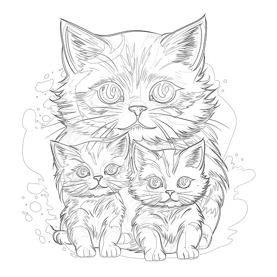 Cat with Kittens Coloring Page