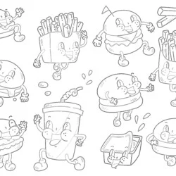 Burger And French Fries In Retro Cartoon Style - Printable Coloring page
