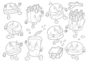 Burger And French Fries In Retro Cartoon Style - Coloring page
