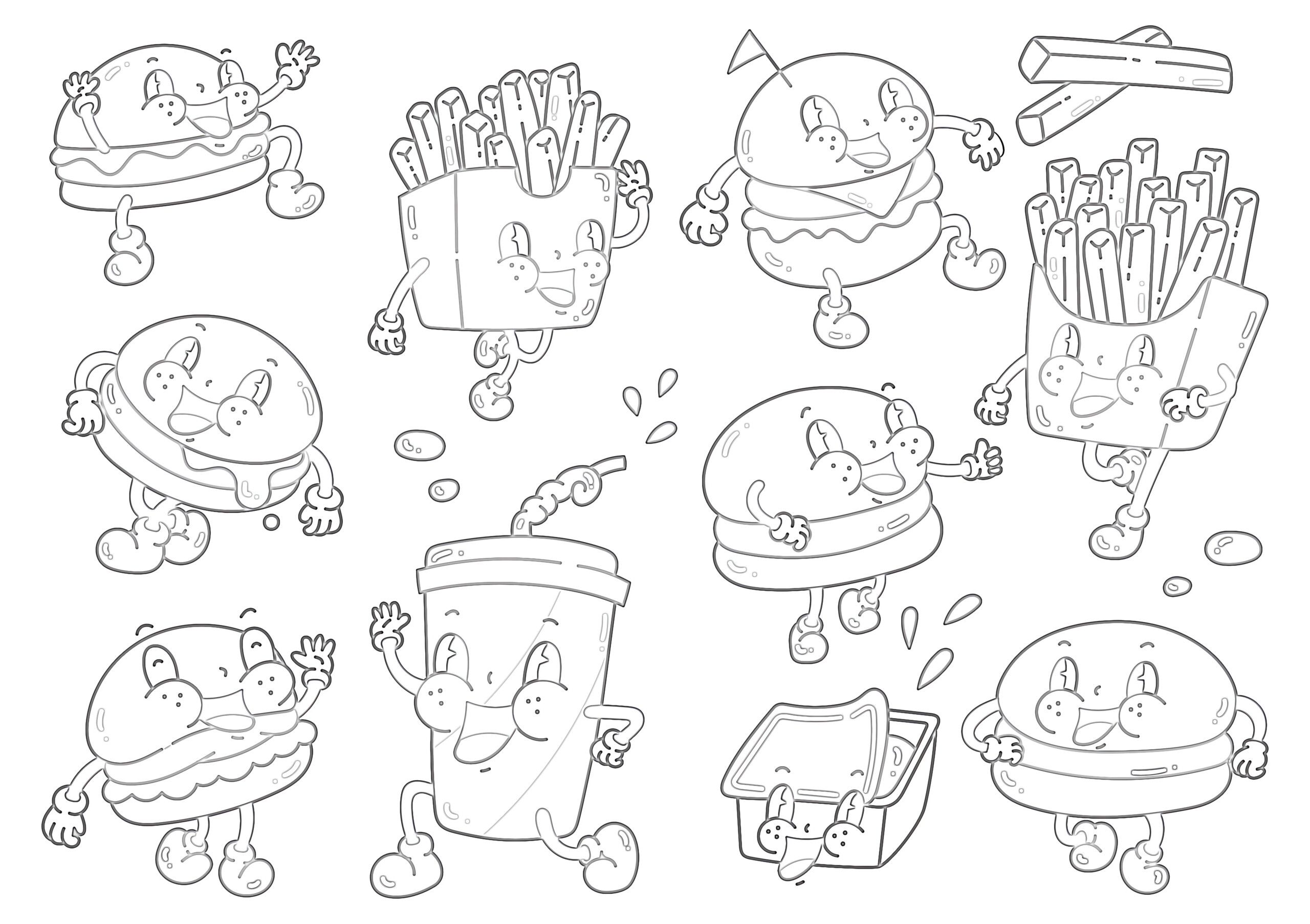 Burger And French Fries In Retro Cartoon Style - Coloring page