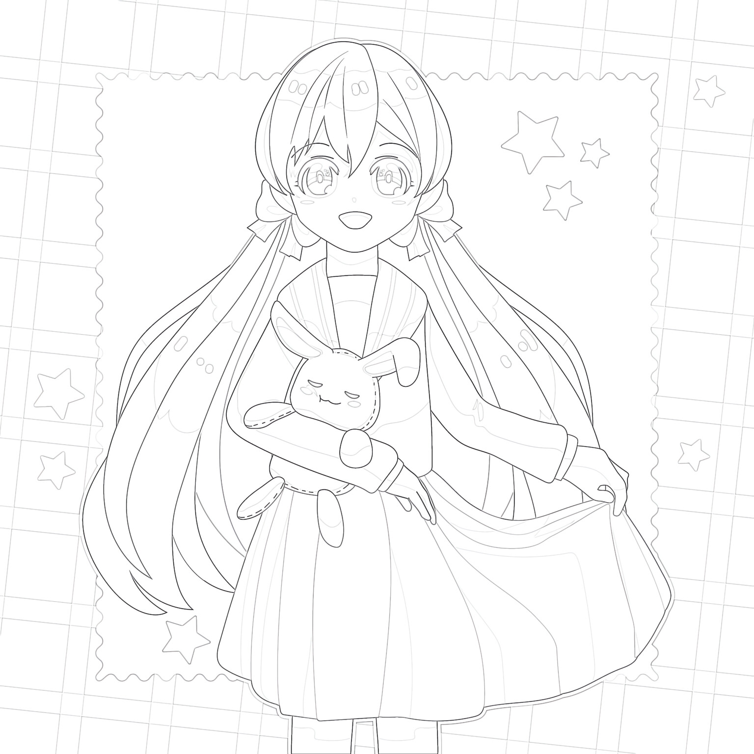Printable Anime Girl With Toy Rabbit Coloring Page - Mimi Panda