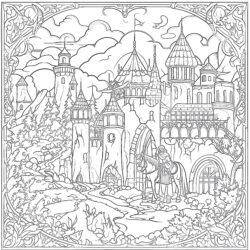 Enchanted Scene With Medieval Characters - Printable Coloring page
