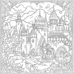 Enchanted Scene With Medieval Characters Coloring Page - Printable Coloring page