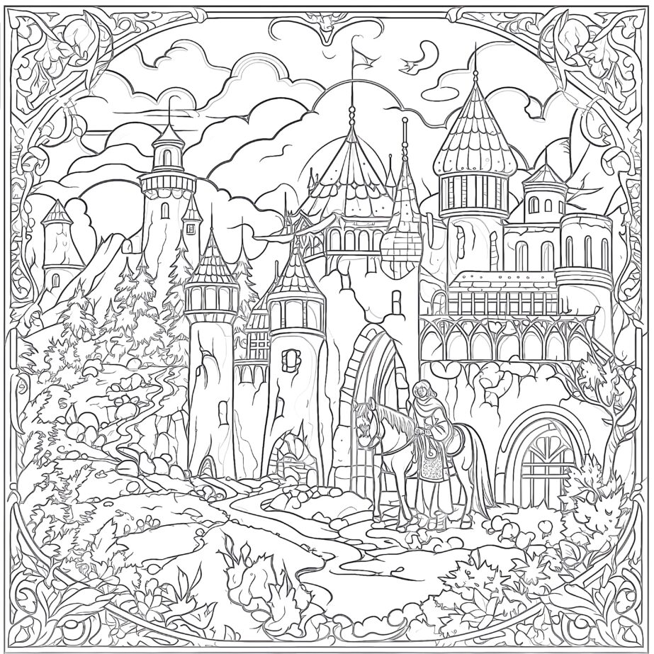 Enchanted Scene With Medieval Characters Coloring Page