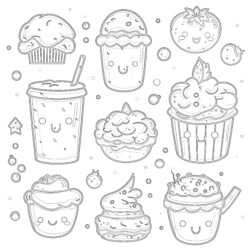 Hand Drawn Food In Kawaii Style - Printable Coloring page