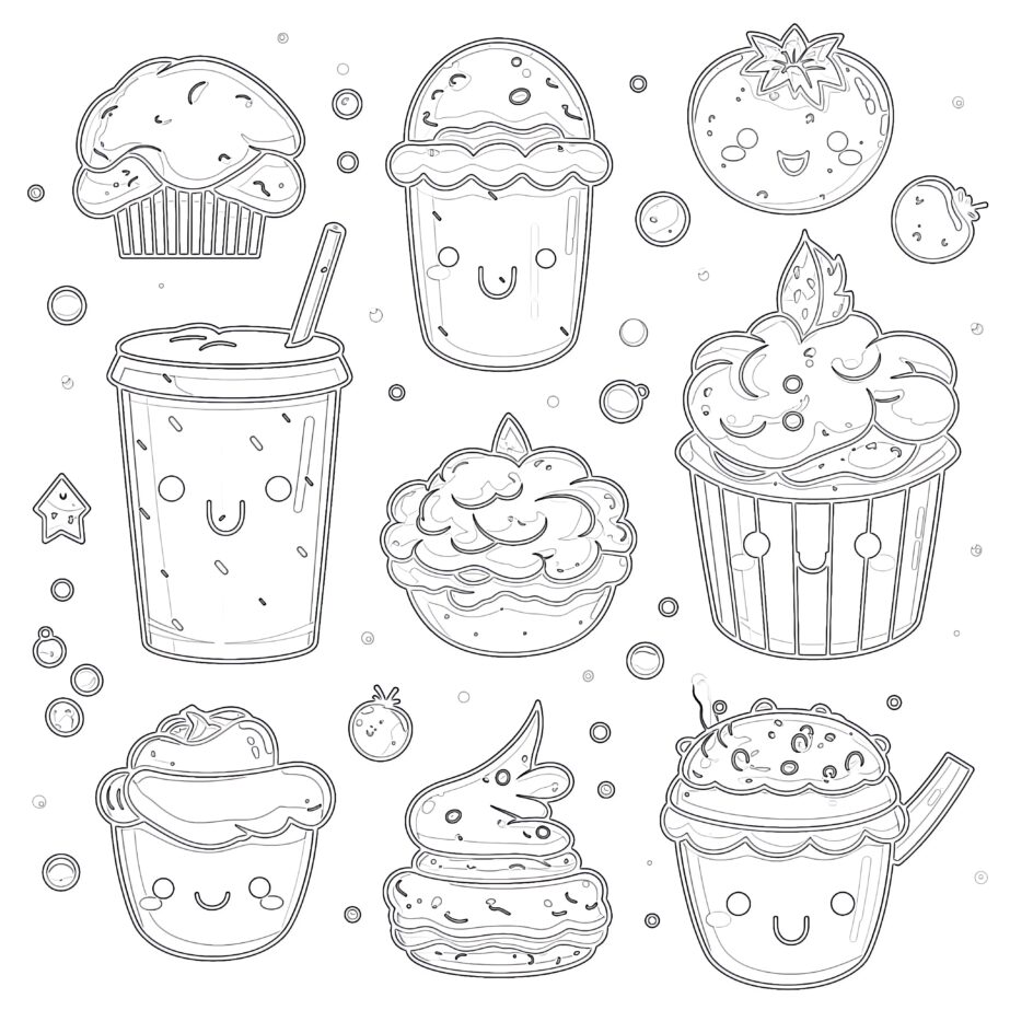 Hand Drawn Food In Kawaii Style Coloring Page