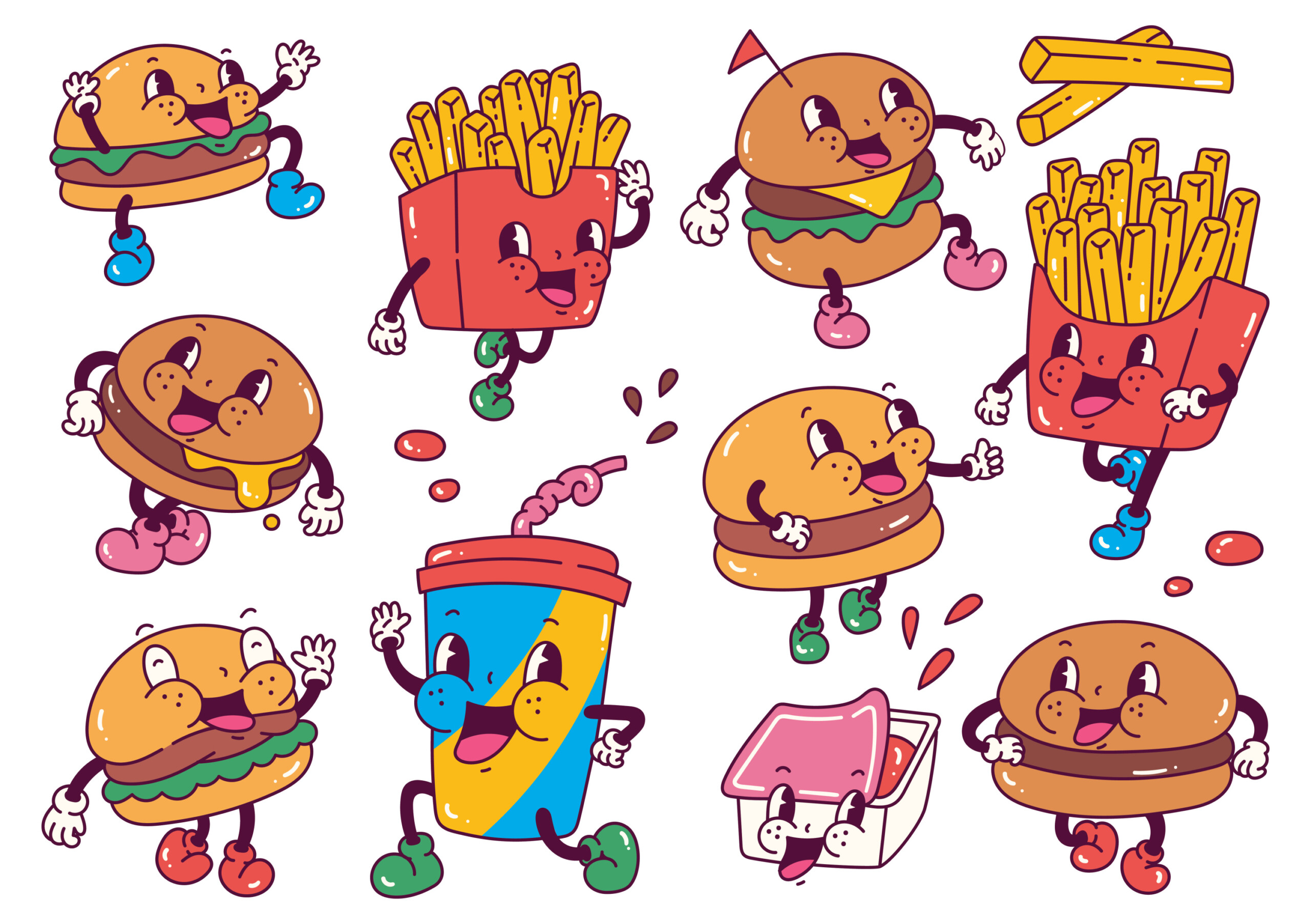 Burger And French Fries In Retro Cartoon Style - Original image