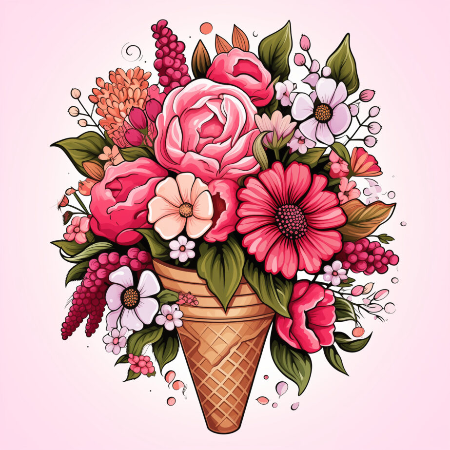 Pink Wild Flower Bouquet Ice Cream Cone Coloring Page 2