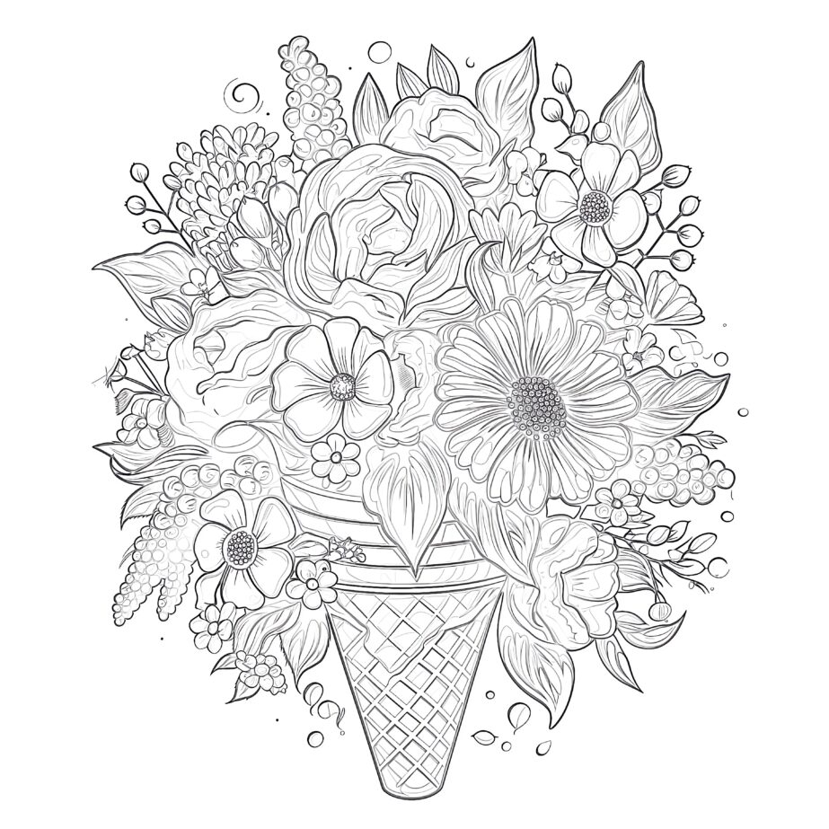 Pink Wild Flower Bouquet Ice Cream Cone Coloring Page