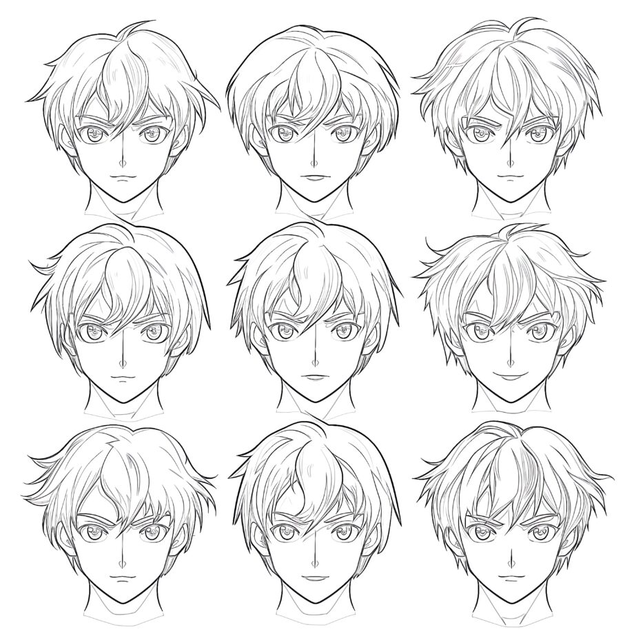 Set Of Male Face Anime Coloring Page