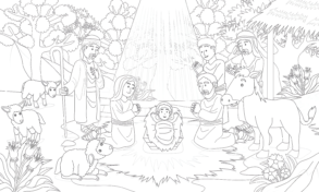 Three Wise Men Visit Baby Jesus - Coloring page