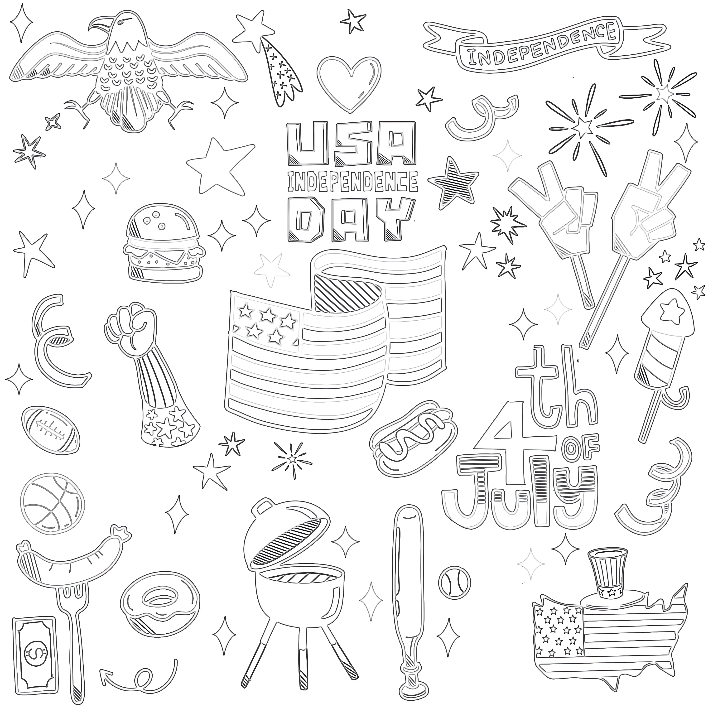 Hand Drawn Doodle Different American Objects - Coloring page