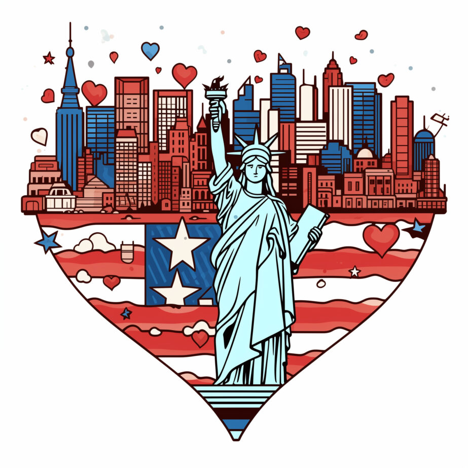 American Flag With Landmarks In Shape Of Heart Coloring page 2