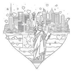 American Flag With Landmarks In Shape Of Heart - Printable Coloring page