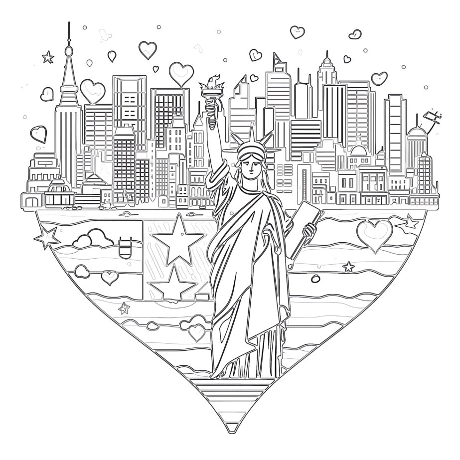 American Flag With Landmarks In Shape Of Heart Coloring page