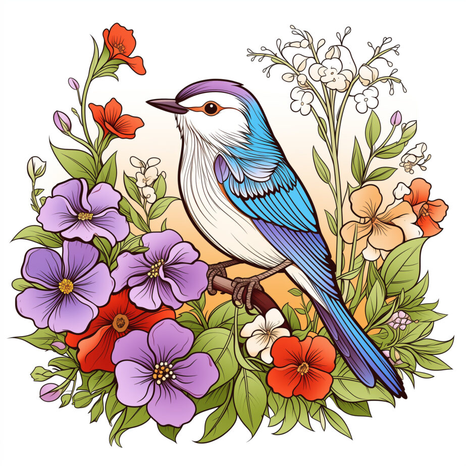 Página Para Colorear De Pájaros y Flores 2