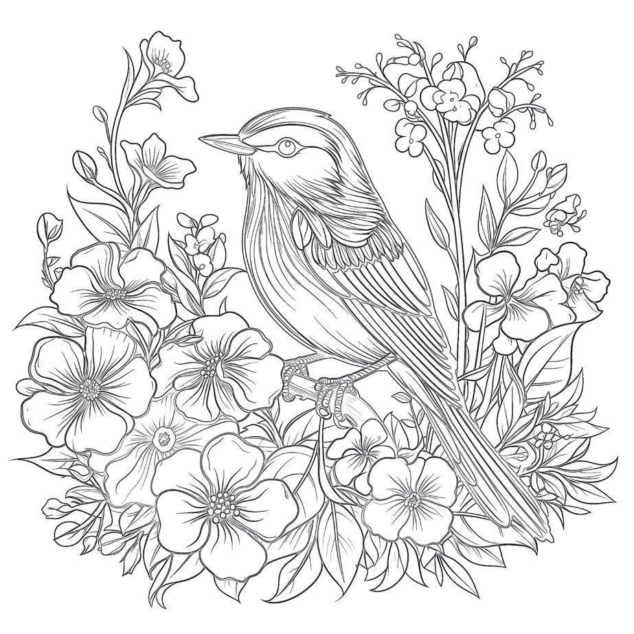 Página Para Colorear De Pájaros y Flores