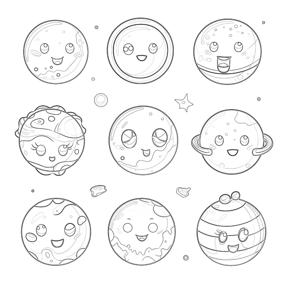 Cartoon Planets With Faces Coloring Page